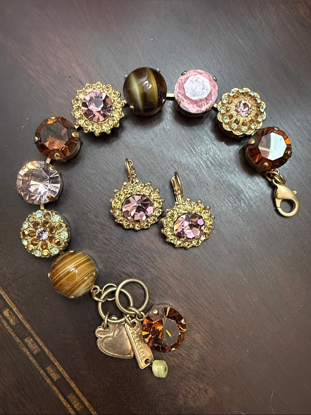 Mariana Jewelry Pink and Brown Crystal Charm Bracelet with Gold Accents